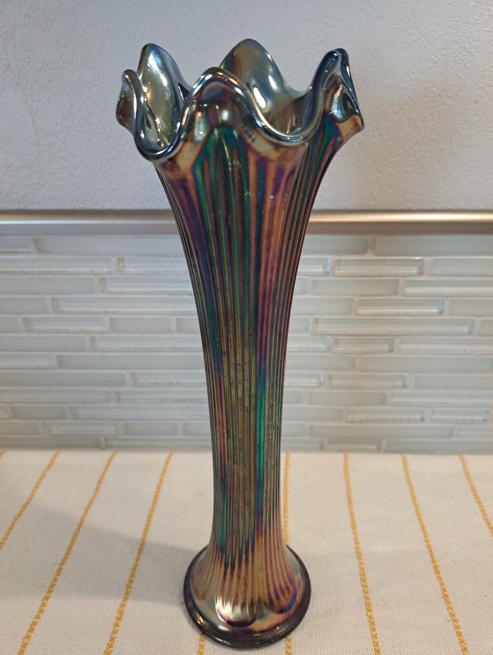 Vtg Fenton Cobalt Blue Iridescent Carnival Glass Fine Rib Vase 10.5"